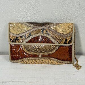 Vintage Original by Caprice Snakeskin Leather Envelope Clutch Crossbody Chain